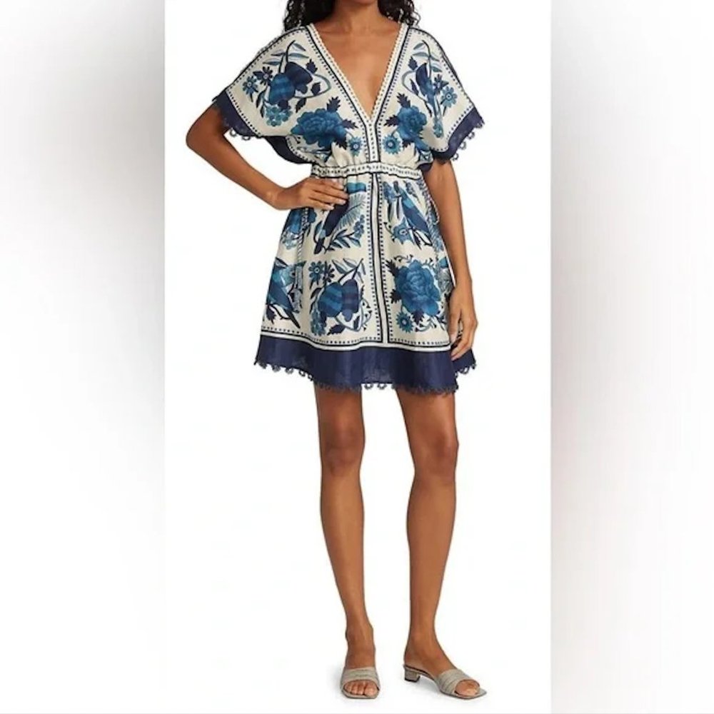 Farm Rio Tropical Tiles Floral Linen-Blend Mini A-Line Dress XL